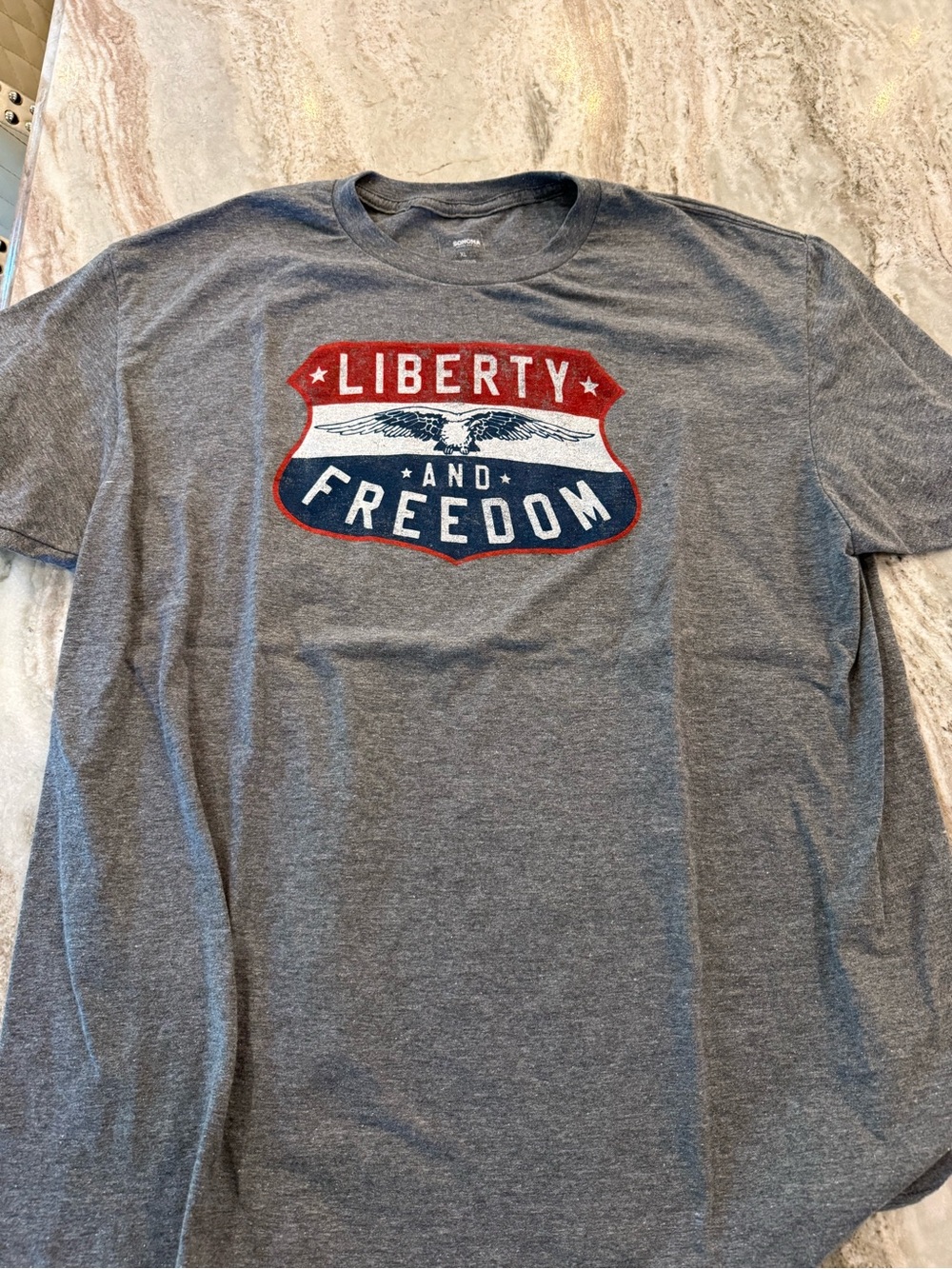 Sonoma Gray Short Sleeve Tee with Red, White & Blue Liberty Graphic Size XL